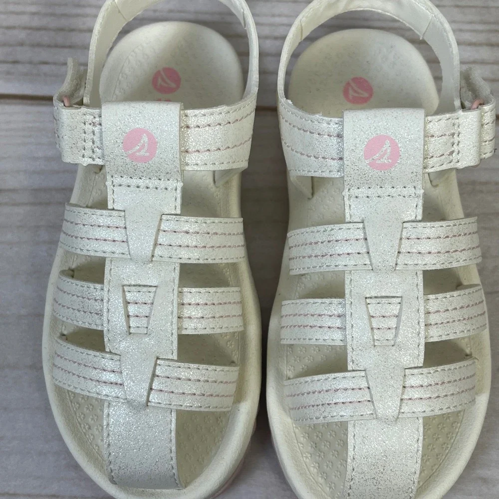 Sperry Kids White Shimmer Fisherman Sandals Pink Sole Size 11M STS87896